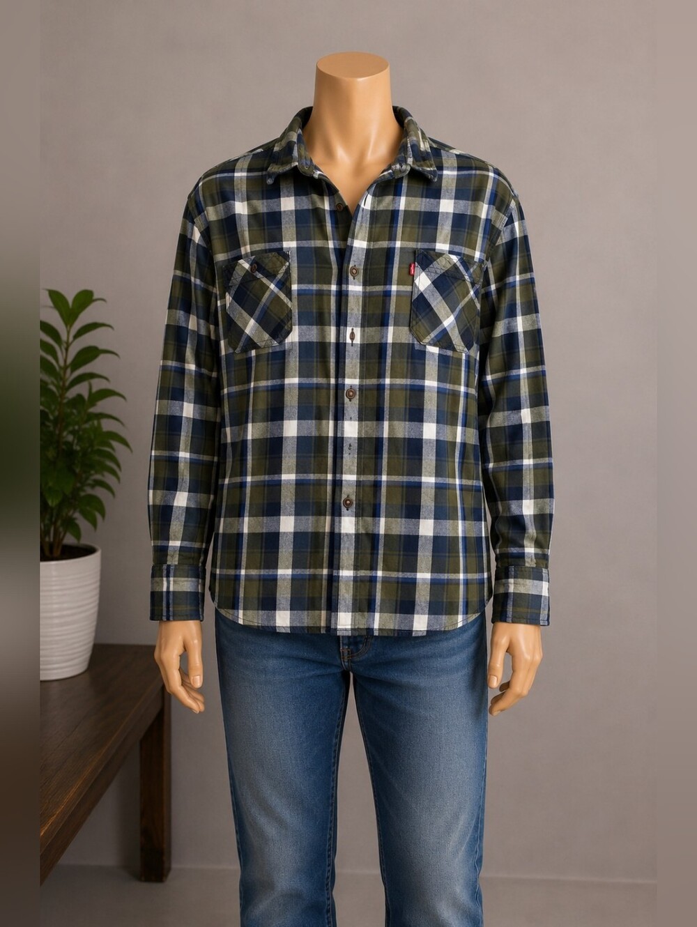 Levi's XXL Plaid Flannel Button Down Shirt Blue Green Cotton